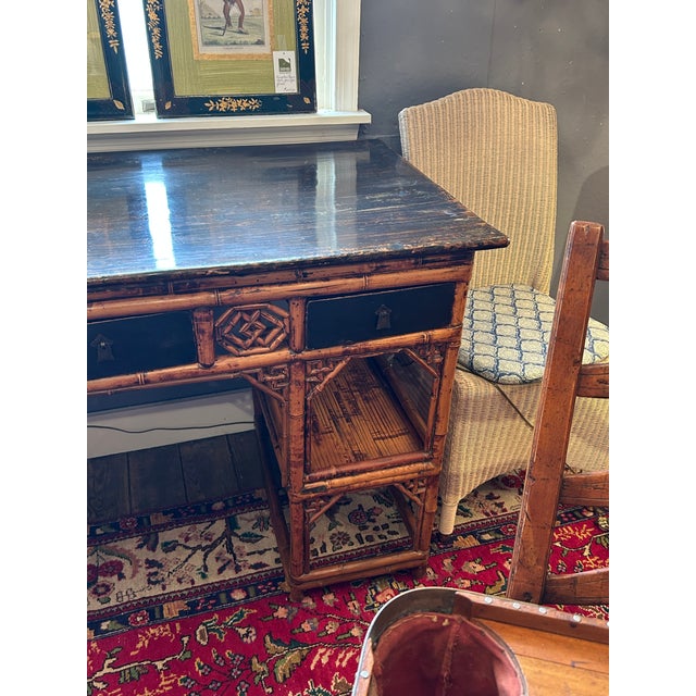 Antique 19th Century Chinese Rattan Desk With Black Lacquer and Bamboo For Sale In Philadelphia - Image 6 of 13