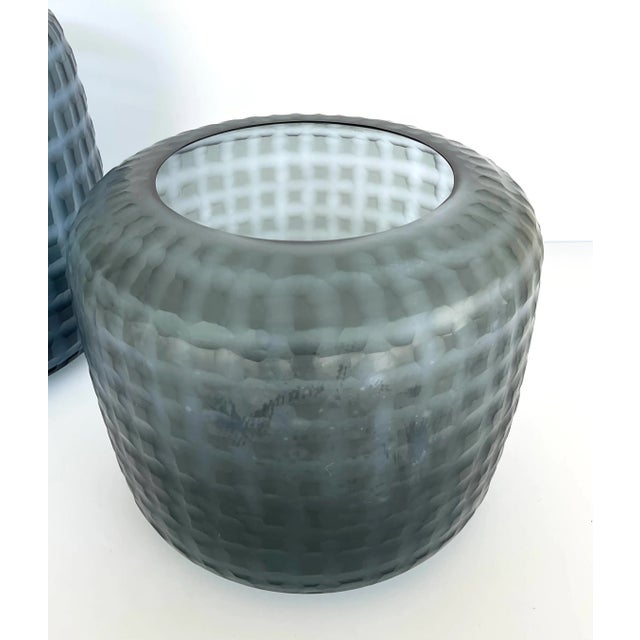 Revelation Modern Smokey Gray Glass Waterways Hurricanes/Vases Set of 2 For Sale - Image 4 of 4