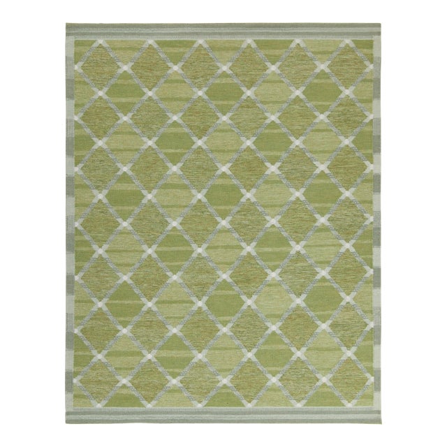 Rug & Kilim’s Scandinavian Style Custom Kilim in Green and Gray Lattice Pattern - 14x20 For Sale
