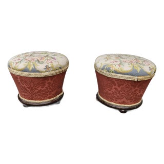 Pair of Victorian Needlepoint Upholstered Mahogany Footstools, Late 19th Century For Sale