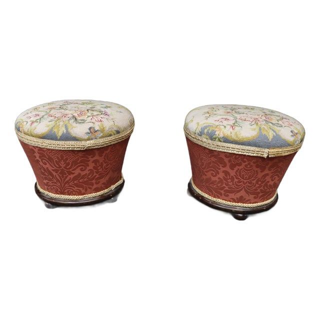 Pair of Victorian Needlepoint Upholstered Mahogany Footstools, Late 19th Century For Sale