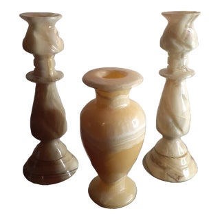 1980s Handcarved Solid Marble Beige Set of Candle Holders & Vase - 3 Piece Set For Sale