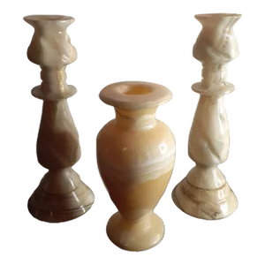 1980s Handcarved Solid Marble Beige Set of Candle Holders & Vase - 3 Piece Set