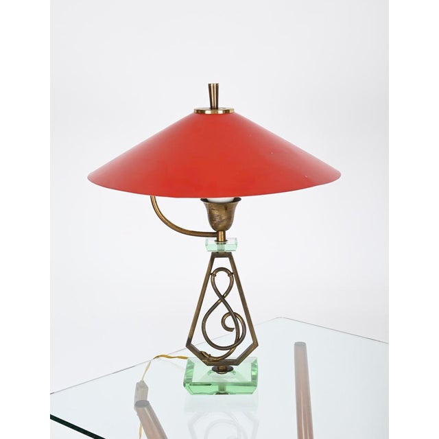Adjustable Table Lamp in Red Metal, Brass and Green Glass from Stilnovo, Italy, 1950s For Sale - Image 3 of 17