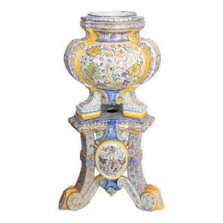 19th Century Italian Majolica Jardiniere Planter on Pedestal Stand For Sale