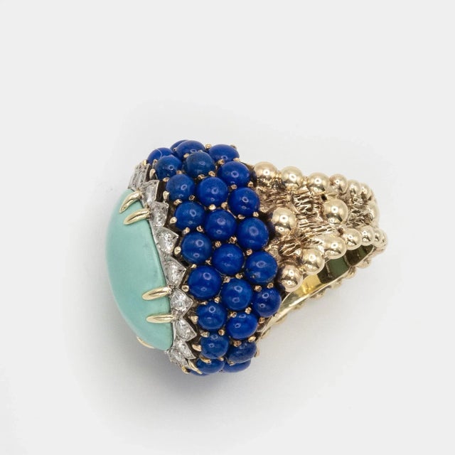 Metal Vintage 14k Yellow Gold Diamond Turquoise Lapis Cocktail Ring C. 1960s, Size 7.5 For Sale - Image 7 of 9