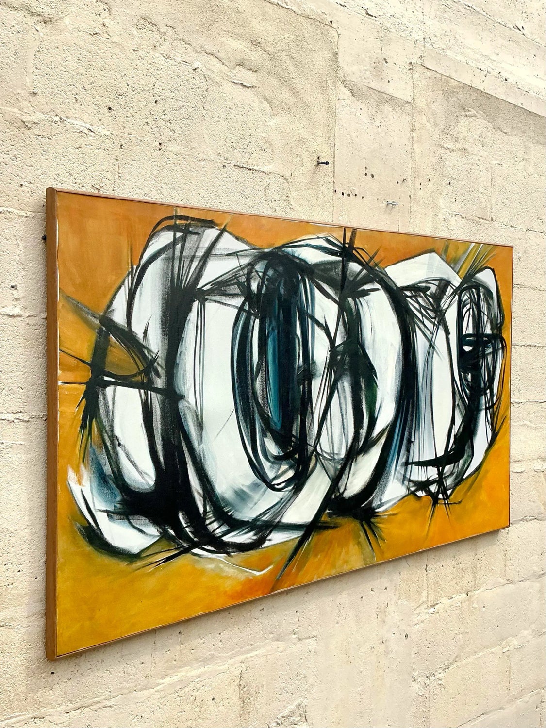 Late 20th Century Vintage Boho Original Abstract Oil Painting on Canvas - Side view