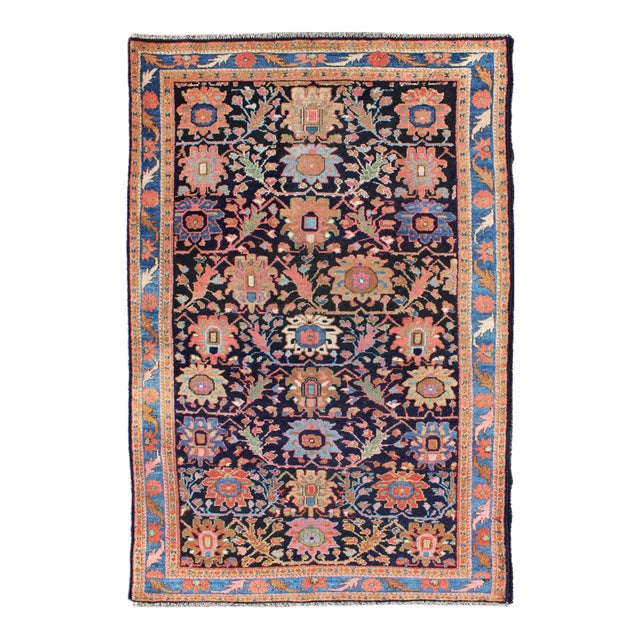 Antique Persian Malayer Rug With Large Floral Motifs in Navy and Multi Colors For Sale