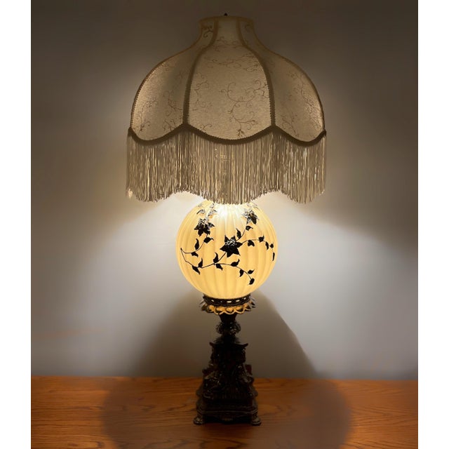 Hollywood Regency 1950s Accurate Casting Hollywood Regency Cherub Lamp - 37" Manganese Glass & Victorian Fringe For Sale - Image 3 of 14