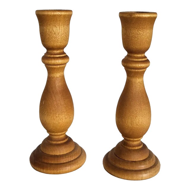 Vintage Maple Wood Hand Turned Candlestick Holders, a Pair For Sale