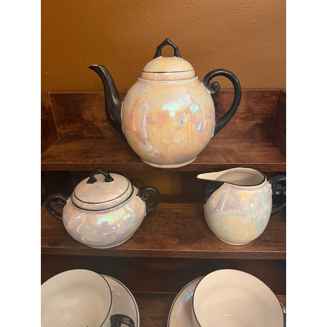Antique White Block Germany Lusterware Tea Set Art Deco Iridescent 1930s JLB S - 15 pcs For Sale - Image 4 of 16