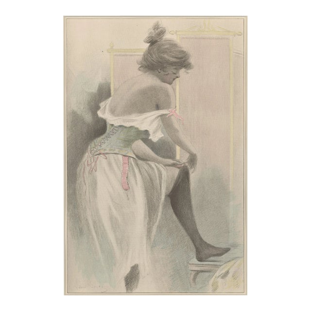 1899 Art Nouveau Chromolithograph-Woman & Corset, Matted For Sale
