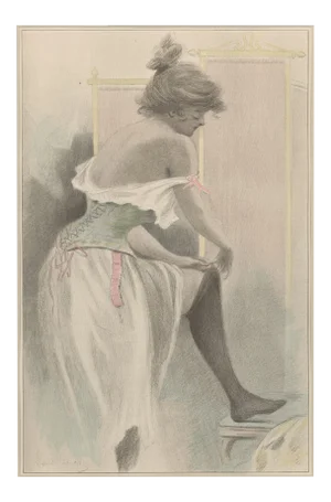 1899 Art Nouveau Chromolithograph-Woman & Corset, Matted