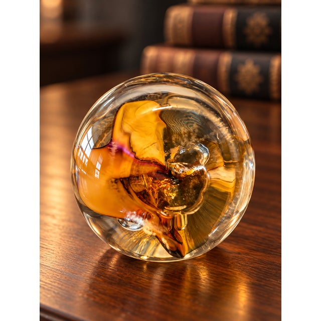 1980s Vintage English Langham Studio Art Glass Paperweight With Amber Swirls and Bubbles For Sale - Image 5 of 5