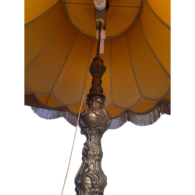 Vintage Table Lamp with Ornamental Brass Base and Leather Shade, 1955 For Sale - Image 4 of 13