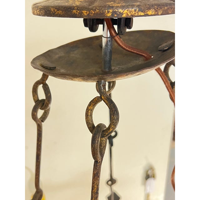 Spanish Revival Hand Forged Gilt Iron 4 Lite Chandelier- Circa 1930 For Sale - Image 9 of 11