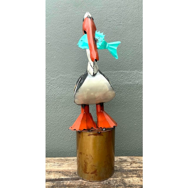 Folk Art Vintage Torch Cut Metal Pelican For Sale - Image 3 of 12