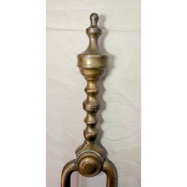 Antique 18th Century Wrought Iron Turned Brass English Fireplace Tongs Tool 6 For Sale - Image 4 of 10