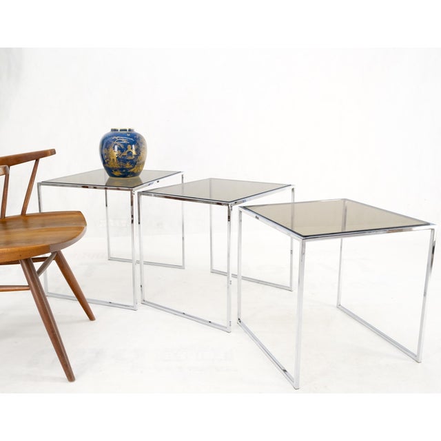 Set of Wide Rectangle Shape Chrome & Smoked Glass Nesting End Side Tables For Sale - Image 16 of 18