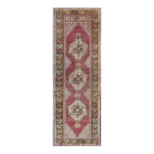Berry Tri-Medallion Vintage Turkey Oushak Runner With Green, Orange and Brown 3'0" X 9'3" For Sale