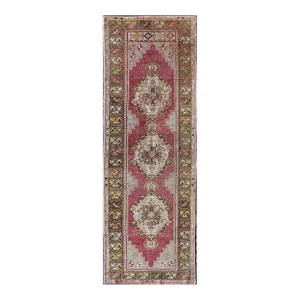 Berry Tri-Medallion Vintage Turkey Oushak Runner With Green, Orange and Brown 3'0" X 9'3"