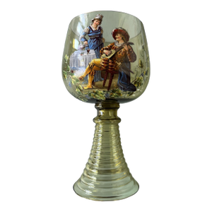 Vintage Hand Painted Bohemian Art Glass Scenic Tavern Scene Goblet Chalice