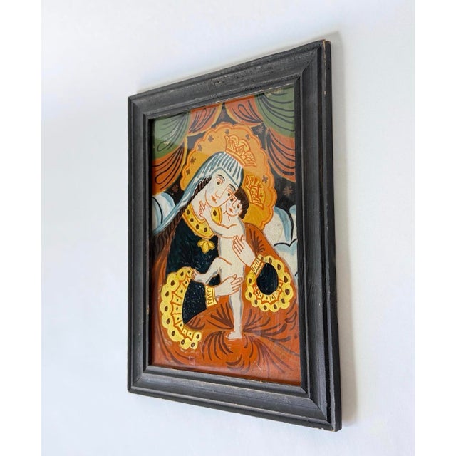 Religious Vintage German Reverse Glass Folk Art Painting of Madonna and Child For Sale - Image 3 of 5