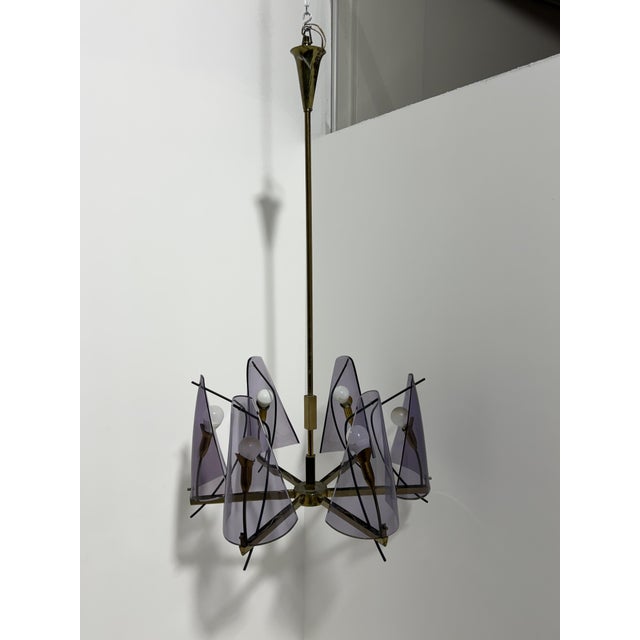 Gold Brass and Purple Acrylic Glass Chandelier in the style of Stilux Milano, 1960s For Sale - Image 8 of 14