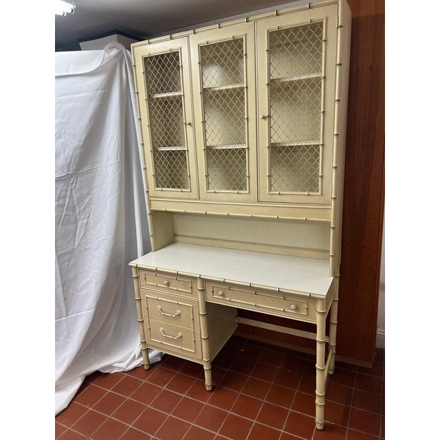 Thomasville Allegro Faux Bamboo Desk With Bookcase Hutch Top and Chair For Sale - Image 9 of 18