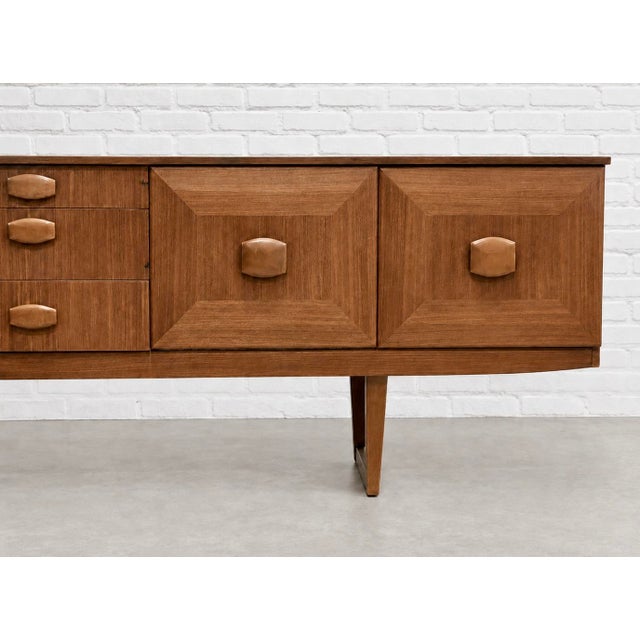 1960s Mid Century Modern Teak Credenza by Stonehill | Long Sideboard With Funky Sculpted Pulls and Sled Legs, Made in England, C. 1960’s For Sale - Image 5 of 18