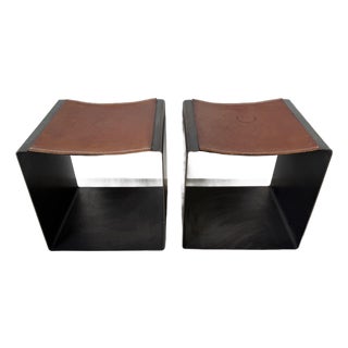 Vintage Postmodern Steel & Saddle Leather Cube Ottomans – A Pair For Sale