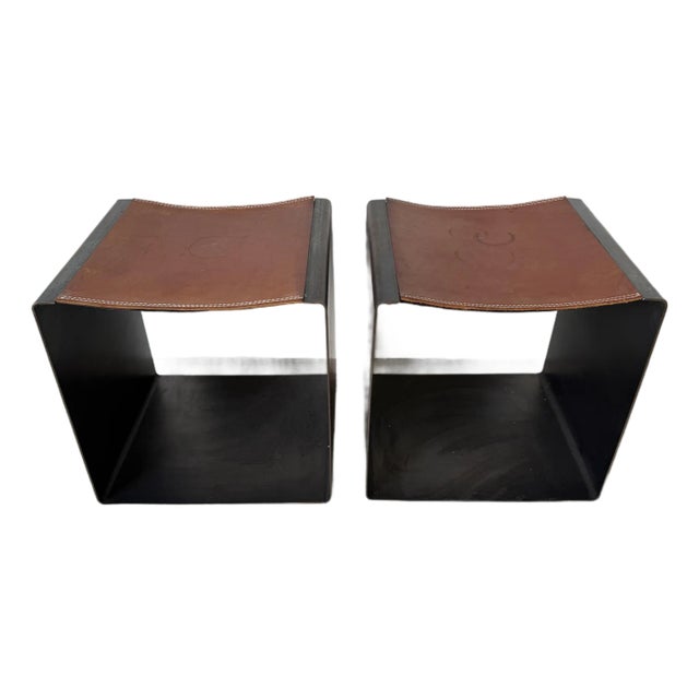 Vintage Postmodern Steel & Saddle Leather Cube Ottomans – A Pair/ Sold For Sale