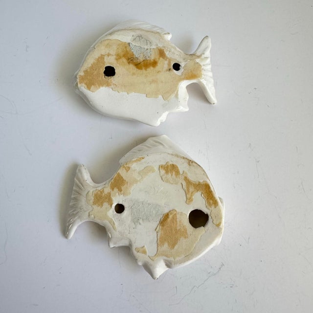 Mid Century Ceramic Fish Wall Plaques Gold White Iridescent Luster Kitschy Bathroom Decor a Pair For Sale - Image 10 of 11