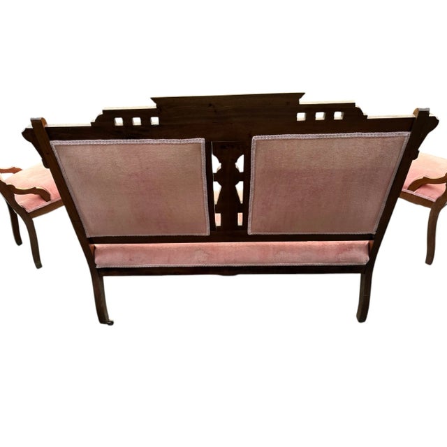 Wood Late 19th Century Pink Parlor Set of Victorian Settee + 2 Chairs With Burl Veneer For Sale - Image 7 of 11