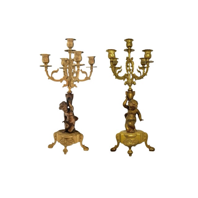 Metal Mid 20th Century Candelabra Pair Brass 4 Arms With Cherub Angel Figures Vintage French Decor For Sale - Image 7 of 9