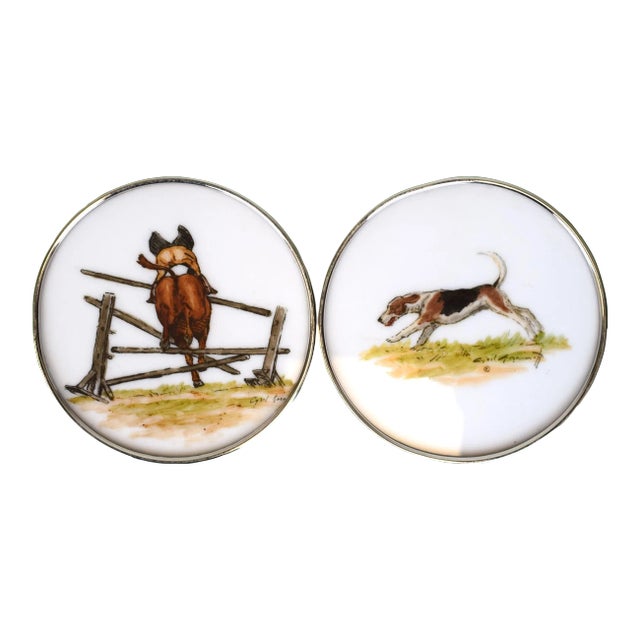 Mid 20th Century Cyril Gorainoff Fox-Hunter & Hound Milk Glass Coasters With Sterling Rims- Set of 2 For Sale