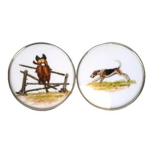 Mid 20th Century Cyril Gorainoff Fox-Hunter & Hound Milk Glass Coasters With Sterling Rims- Set of 2