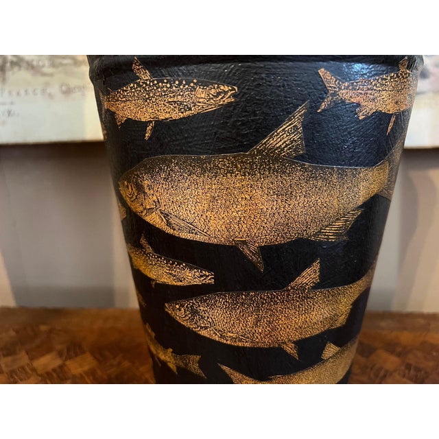 Metal Vintage English Planter Jardiniere Urn Fish Decoupage Black Tole Lodge Décor For Sale - Image 7 of 18