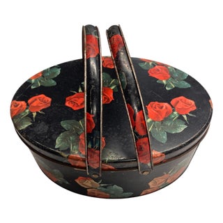 Vintage Painted Roses Metal Box With Handles For Sale