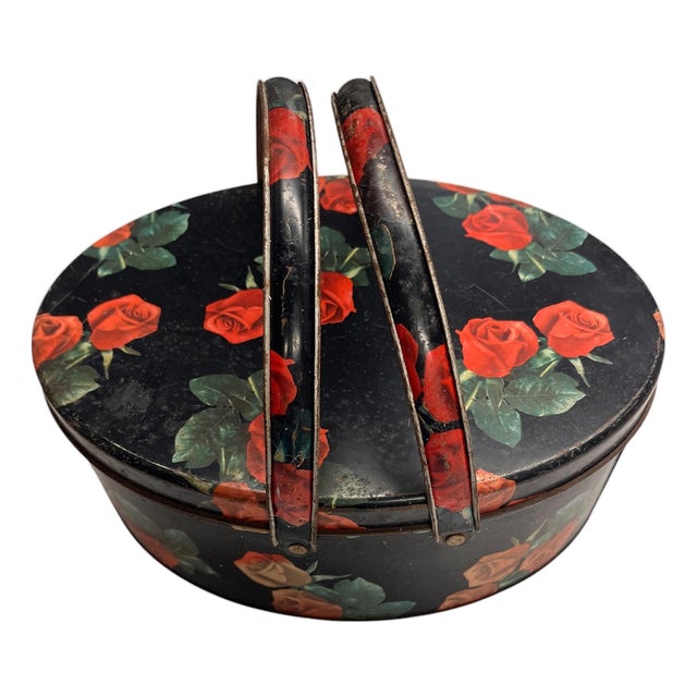 Vintage Painted Roses Metal Box With Handles For Sale