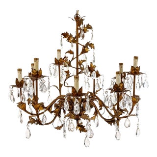 Antique French Nine Light Gilded Tole Chandelier For Sale