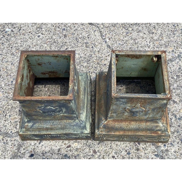Green Vintage Neoclassical Style Green Cast Iron Garden Planter Urn Pedestal Base Pair For Sale - Image 8 of 13