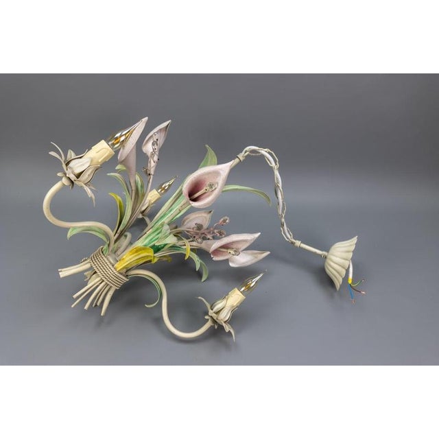 Hollywood Regency Pastel Color Callas Lily Flower Bouquet Metal Chandelier, 1970s For Sale - Image 17 of 18
