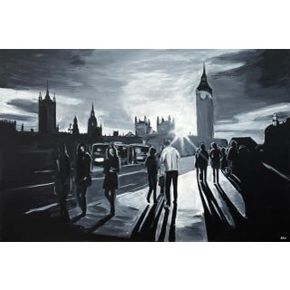 Black & White Painting of Westminster Bridge in London - Unique Original Art by British Urban Landscape Artist, 2010 For Sale