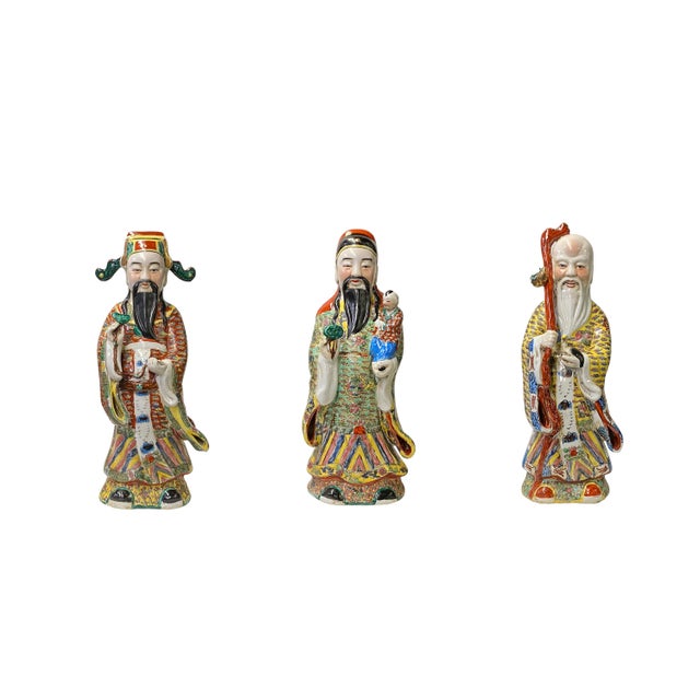 Chinese Canton Color Mixed Fenghsui Fok Lok Shao Figure Set For Sale - Image 13 of 13