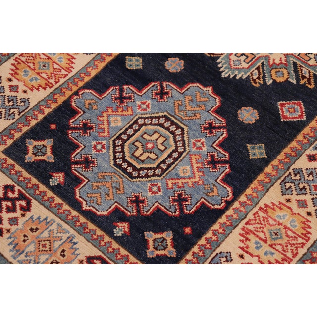 Shabby Chic Bohemian Kazak Karina Blue/Beige Wool Runner Rug- 2'8''x7'9'' For Sale - Image 3 of 10