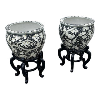 Vintage Chinese Hand Painted Floor Vases/Fish Bowls on Wooden Stands - A Pair For Sale