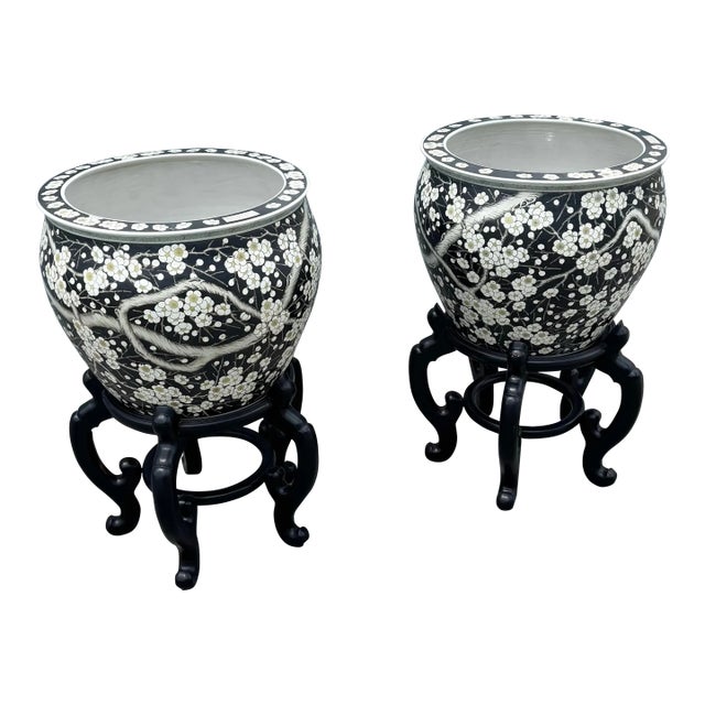 Vintage Chinese Hand Painted Floor Vases/Fish Bowls on Wooden Stands - A Pair For Sale