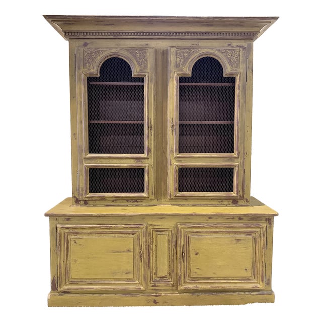 Mid 20th Century Distressed Farmhouse Wire Door Hutch Cabinet For Sale