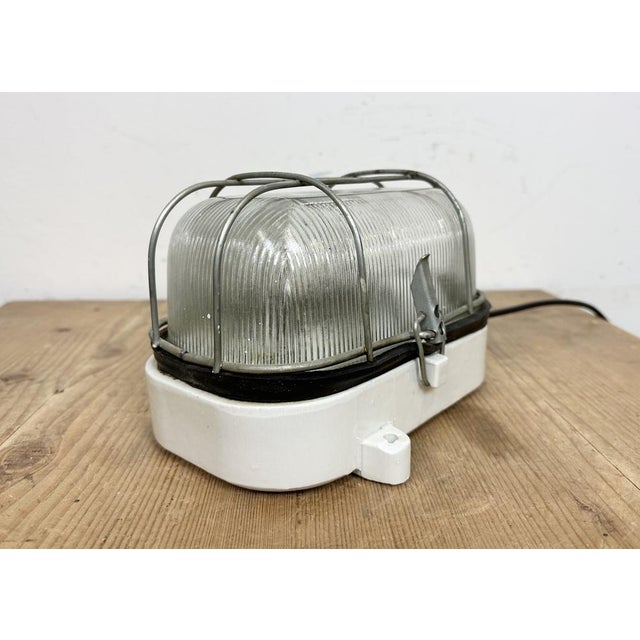 Industrial Industrial White Porcelain Cage Wall Light with Ribbed Glass, 1970s For Sale - Image 3 of 18